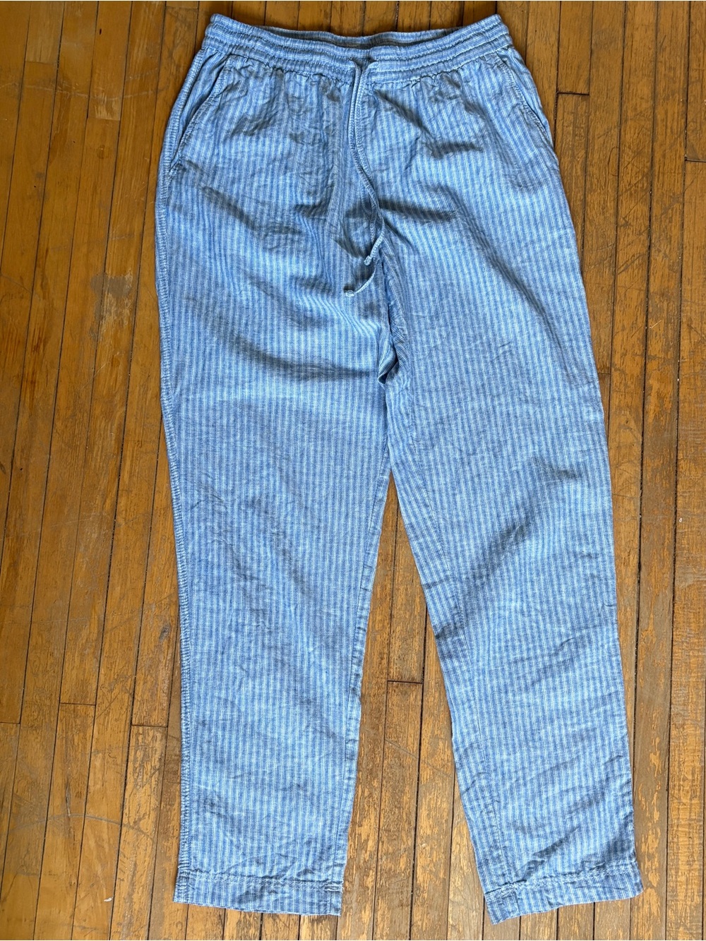 H&M Light Blue Striped Cotton and Linen-Blend Drawstring Pants Size Small